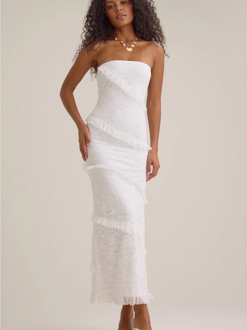Altar'd State Strapless White Lace Ruffle Column Dress